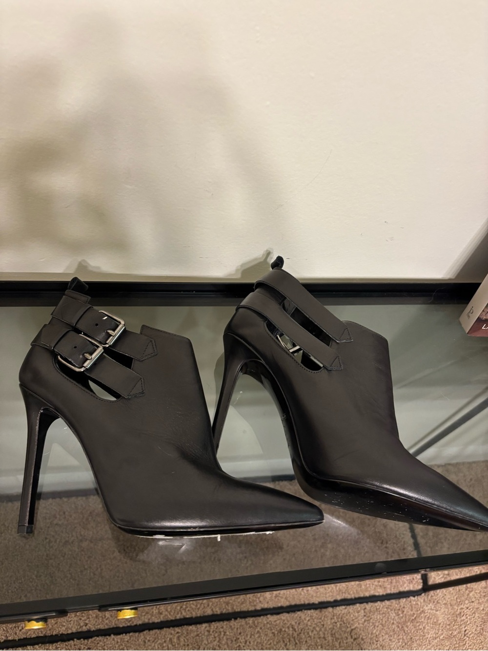 AllSaints Black Pointed Stiletto Ankle Booties with Double Buckles